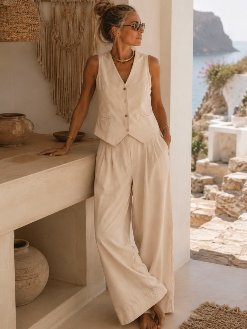 Light Apricot Beige Cotton Vest & Wide Leg Pant Set 🤍☀️